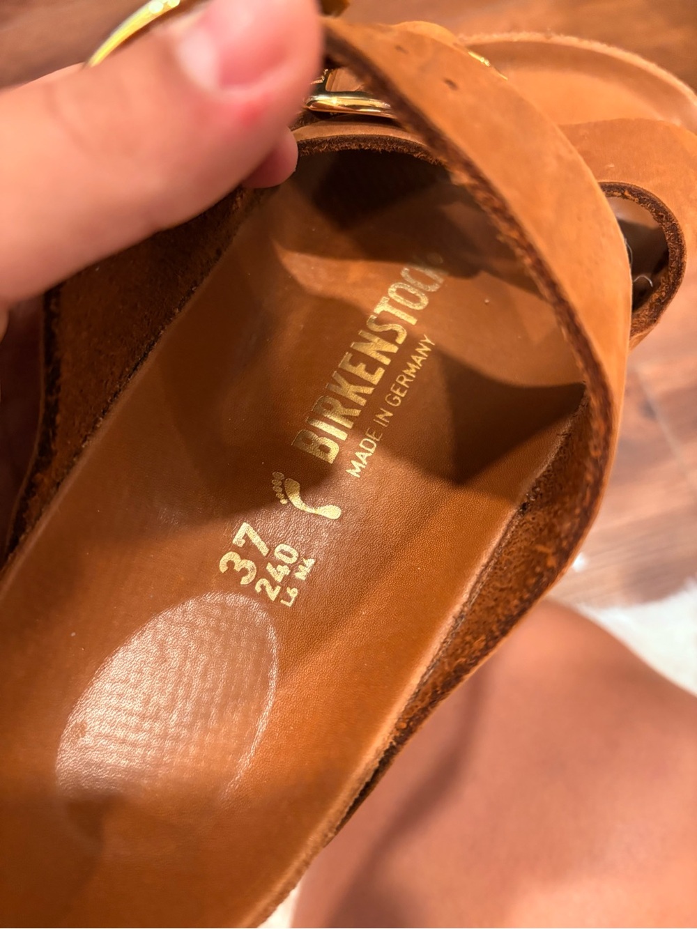 Birkenstock Tan Suede Two-Strap Sandals with Gold Buckles - Picture 2 of 3
